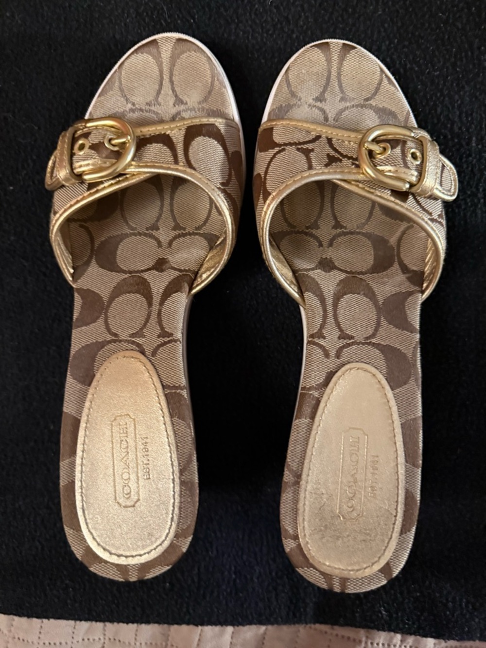 Coach Signature Jacquard Slide Sandals in Brown with Gold Buckles - Picture 2 of 4